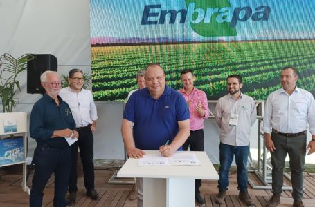 Presidente assina o protocolo de intenções
Cerimonia ocorreu no estande da Embrapa na 35ª Abertura Oficial da Colheita de Arroz e Grão em Terras Baixas – Foto: Mayara Farias / Irga