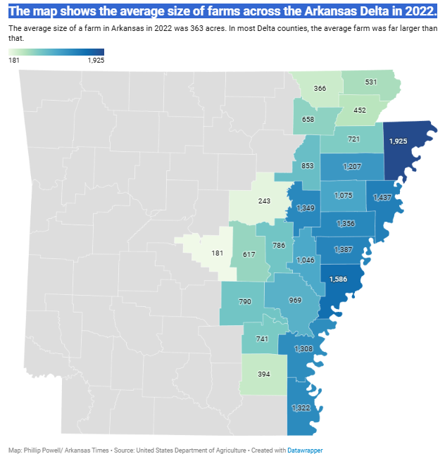 O mapa mostra o tamanho médio das fazendas no Delta do Arkansas em 2022